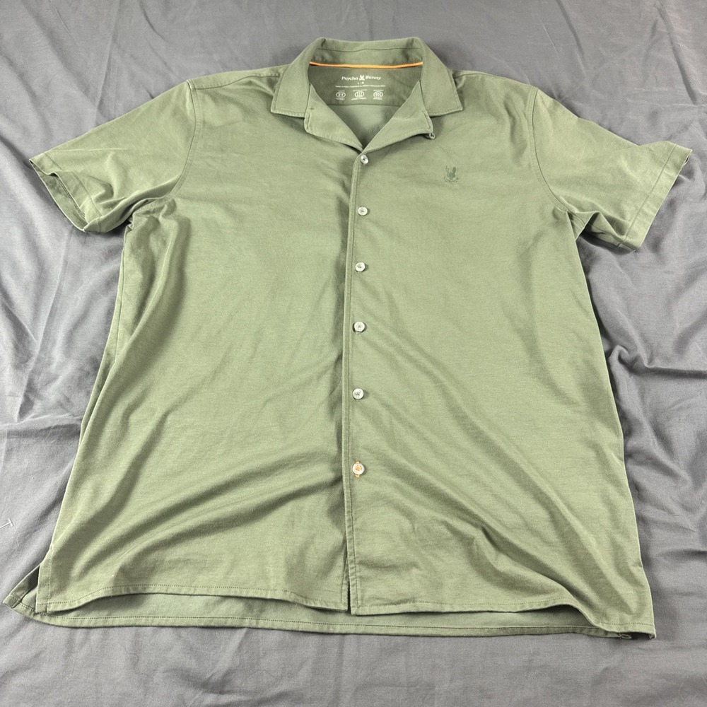 Psycho Bunny Shirt Mens L Green Short Sleeve Button Up Collared Comfort Stretch
